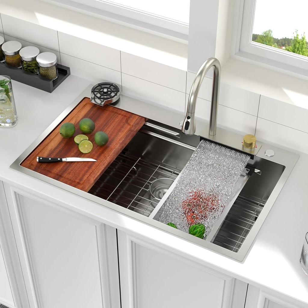 Logmey 36x22 Drop in Waterfall Sink Nano PVD All in One Workstation Sinks with Temperature Control Knob,16 Gauge Stainless Steel,Ideal for Home Cooking,Cleaning & Daily Kitchen Use,Double Step,5 Hole