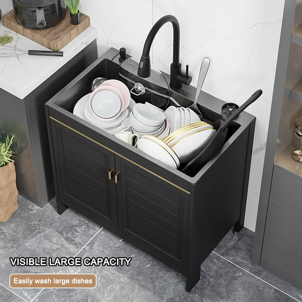Black Kitchen Sink With Faucet, Hot & Cold Water, Soap Dispenser, Freestanding Cabinet For Living Room, Kitchen, Office, Space-Saving Design-68x45cm/26.7x17.7in