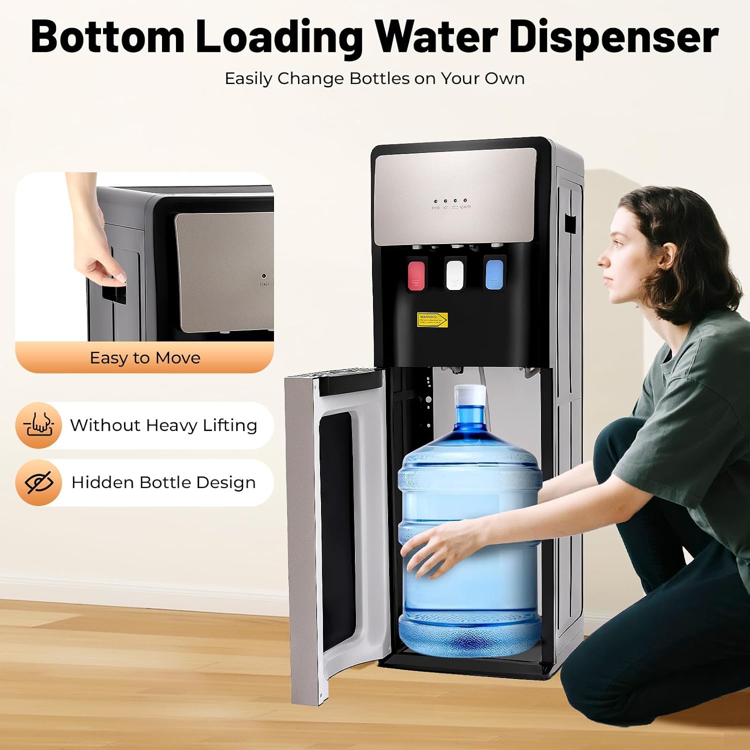 Bottom Loading Water Dispenser with Hot, Cold & Room Temperature Water - 500W Heating & 90W Cooling - Safe, Energy-Saving & User-Friendly Design for Home, Office (Silver Grey)