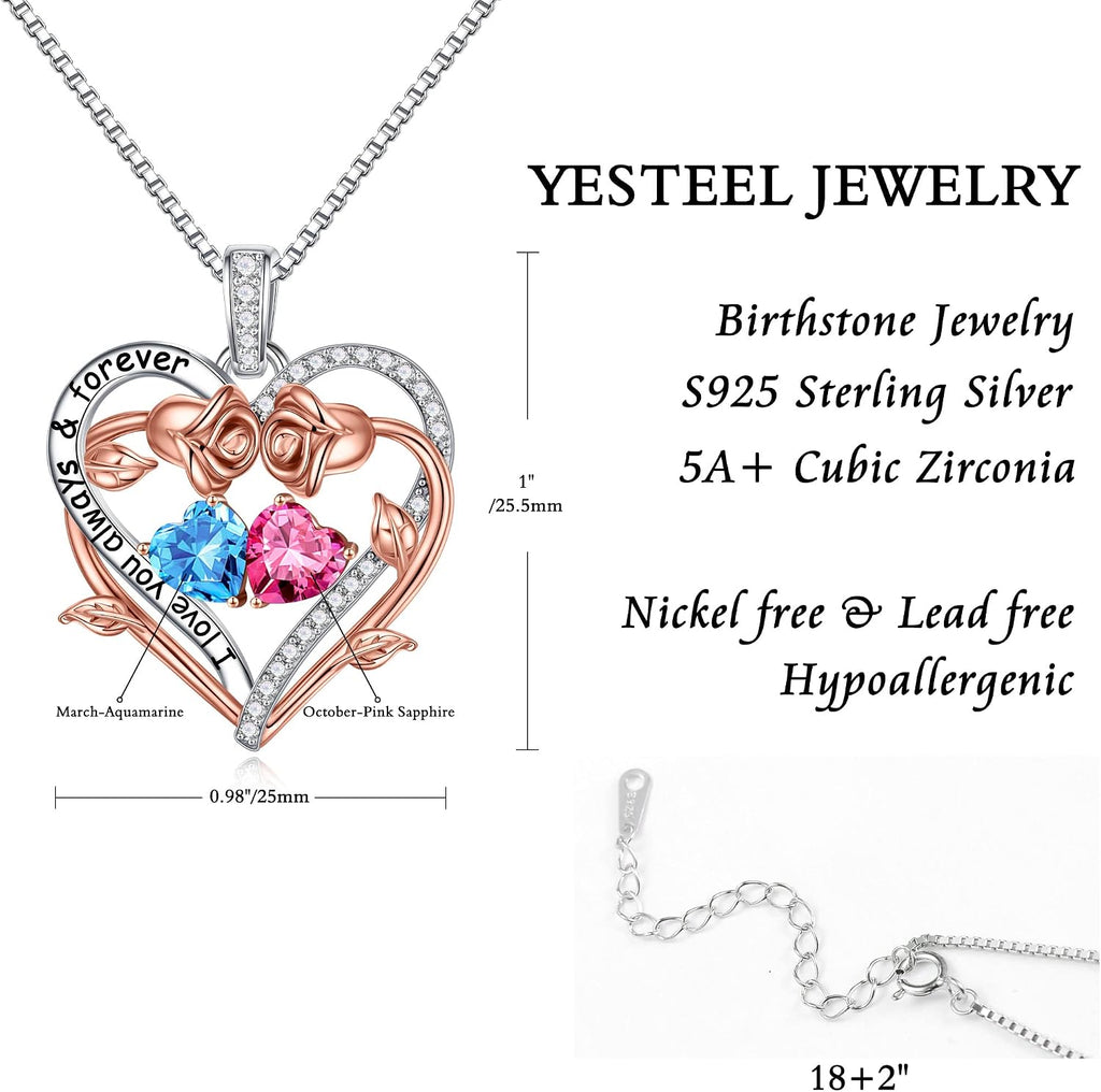 Iefil Rose Heart Double Birthstone Necklace Gifts for Wife Girlfriend Her Women, Birthstone Jewelry Gemstone Birthday Gifts for Mom Grandma Her Wife Women