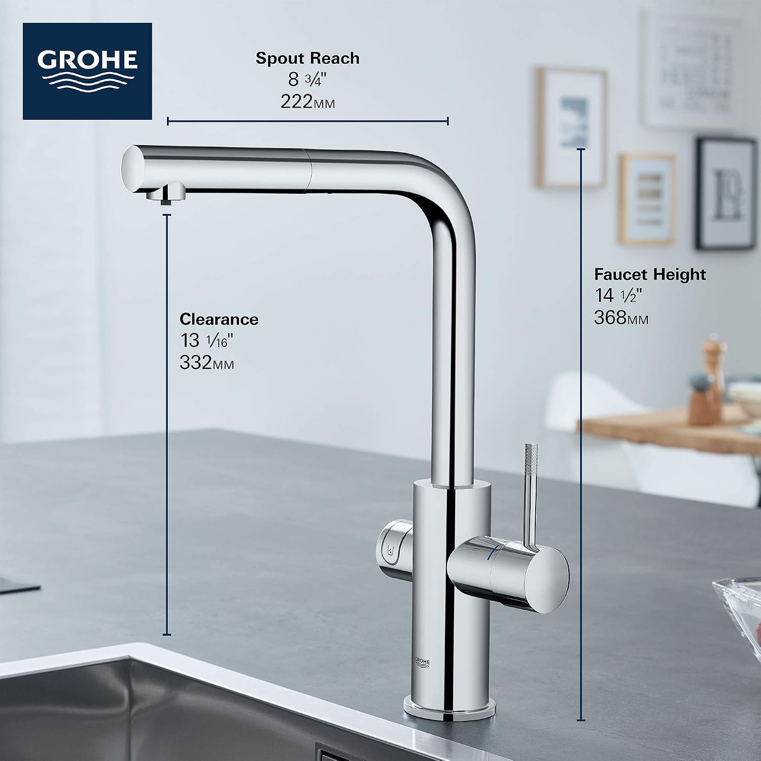 GROHE 31608002 Blue Single-Handle Pull-Out Kitchen Faucet Single Spray with Chilled & Sparkling Water, 1.75 GPM