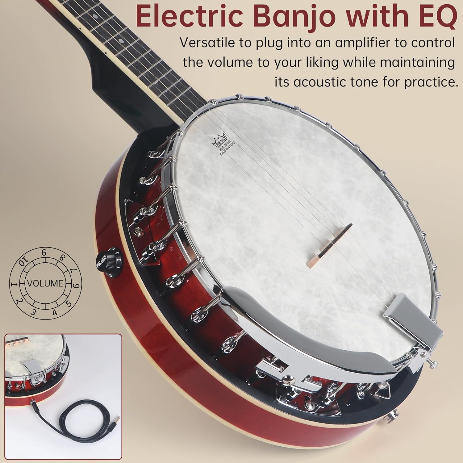 Kmise Banjo, 5 String Electric Acoustic Banjos with Remo Head Full Size 38 Inch and Kmise Stretchy Adjustable Guitar Strap with Guitar Capo and Strap Button