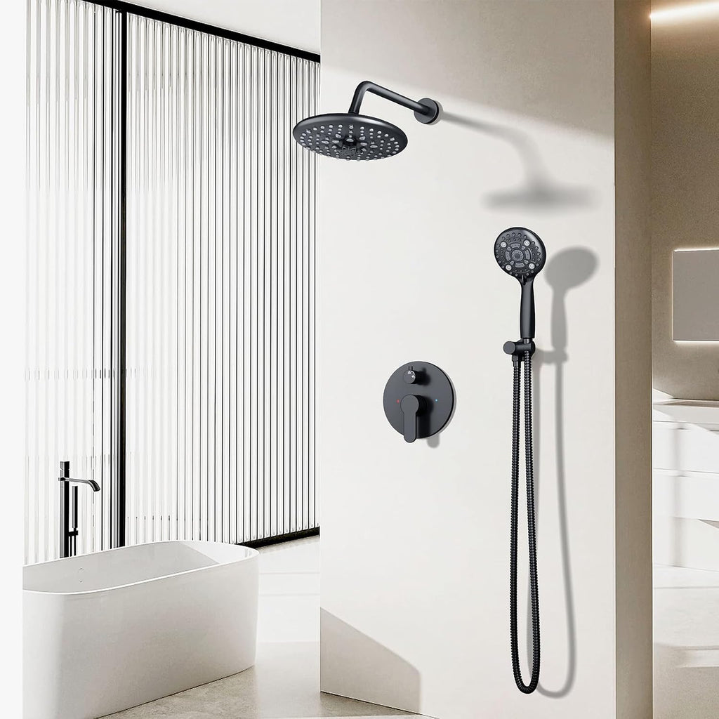 EMBATHER Shower Faucet Sets - Overhead Rain Head Shower System with High Pressure Handheld Complete Combo and Mixer Valve Trim Kit - Matte Black Rainfall Shower Fixture for Luxury Bathroom