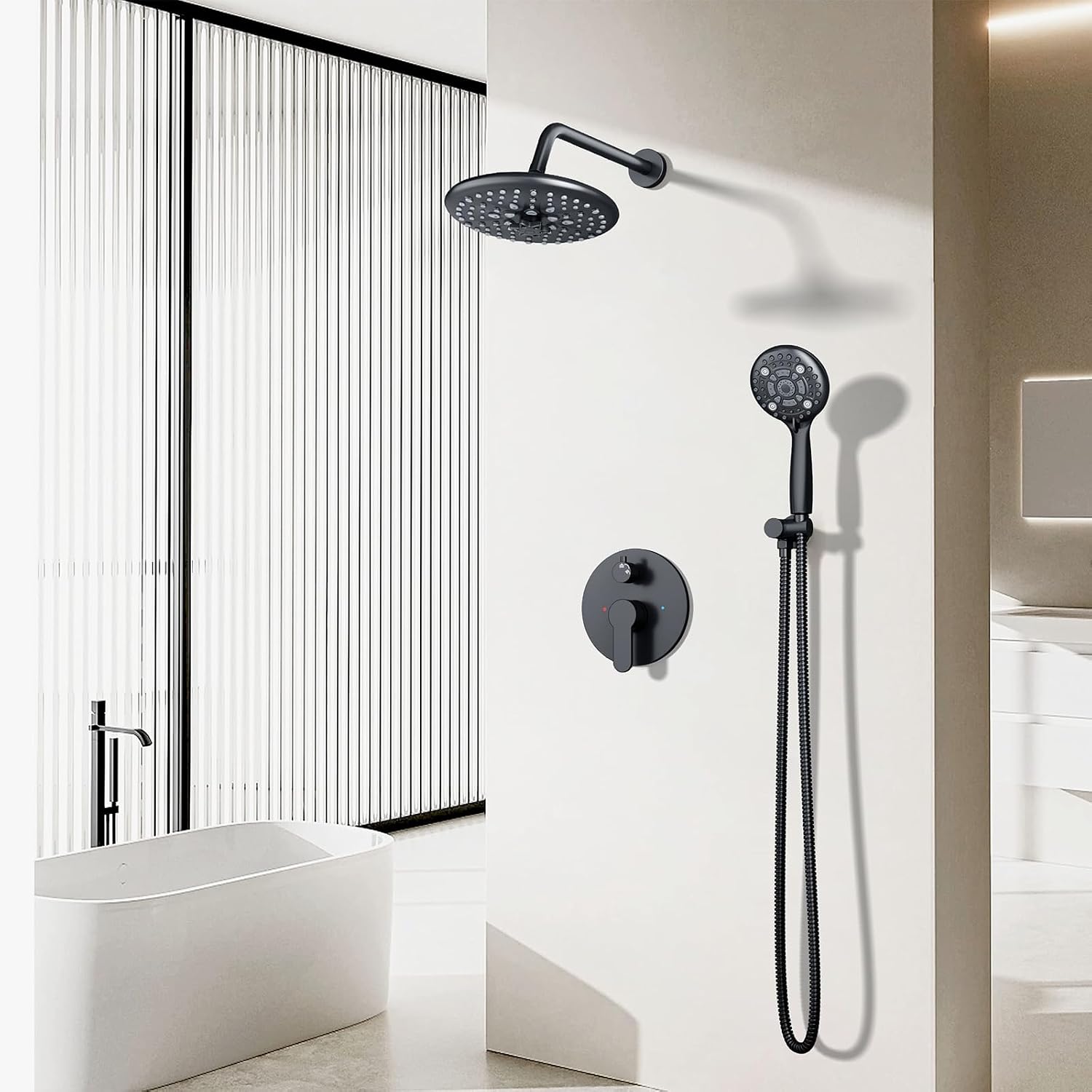 EMBATHER Shower Faucet Sets - Overhead Rain Head Shower System with High Pressure Handheld Complete Combo and Mixer Valve Trim Kit - Matte Black Rainfall Shower Fixture for Luxury Bathroom