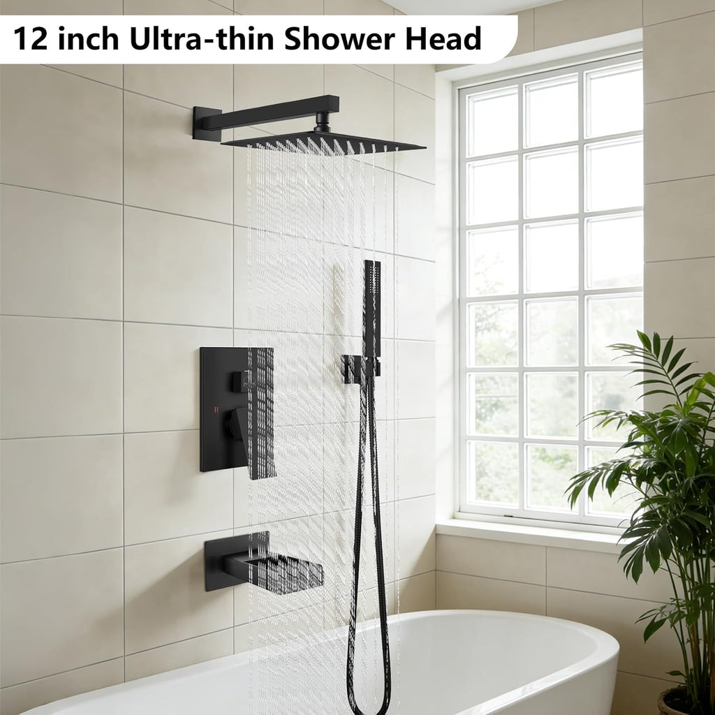 Midanya Rain Shower System Tub Shower Faucet Set Square Rainfall Waterfall Shower Head with Handheld Sprayer Tub Spout Combo Wall Mounted bathtub faucet set Rough-in Valve, 12 Inch Matte Black