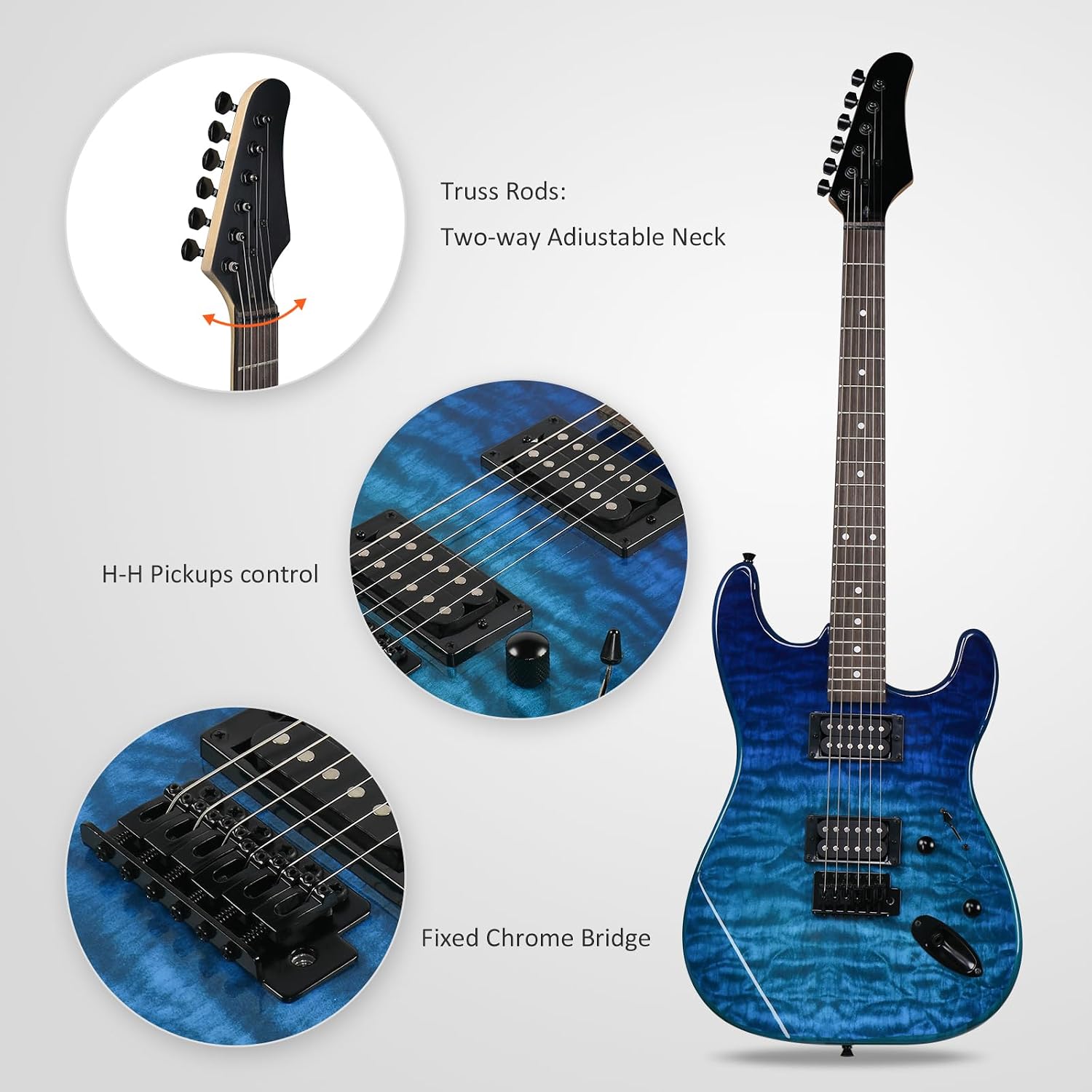 Full Size Electric Guitar Kit,39 Inch Beginner Electric Guitar,Complete Electric Guitars Set with Bag, Shoulder Strap, Power Wire, Wrench Tool,Tremolo Arm and Picks,Blue