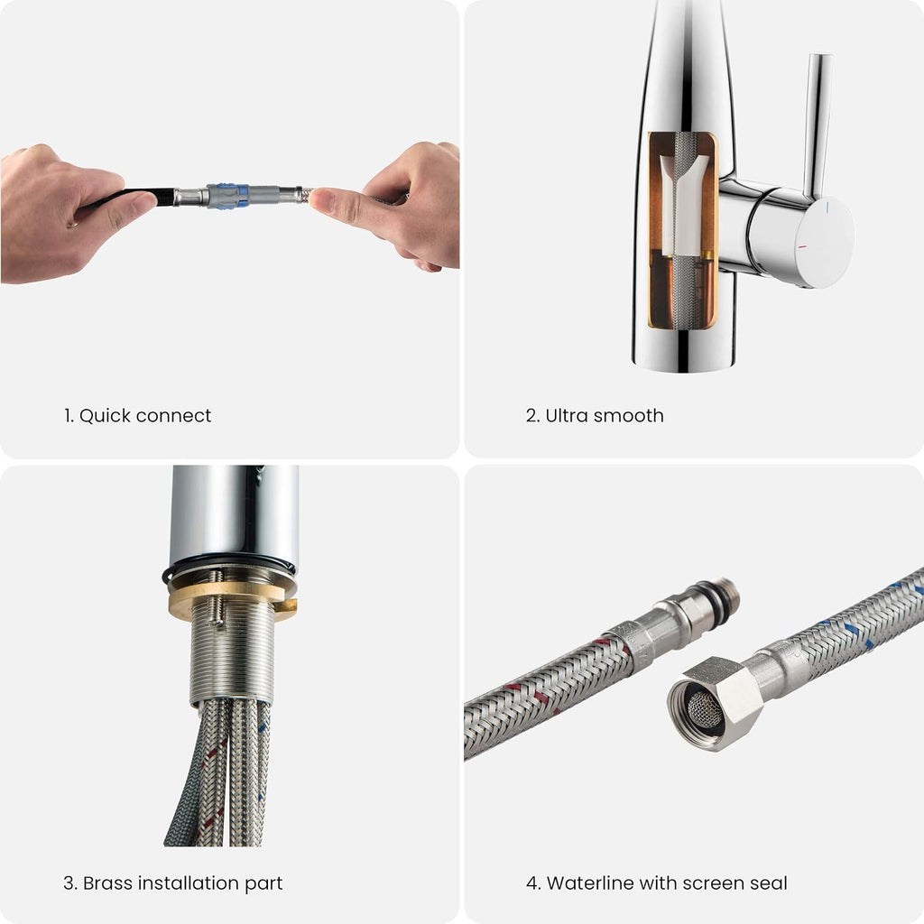 KIBI Bari Chrome Finish Single Handle Pull Down Kitchen and Bar Sink Faucet | Solid Brass High Arc Spout, 360 Degree Swivel, Durable Pull Down Sprayer with Dual Function (KKF2015CH)