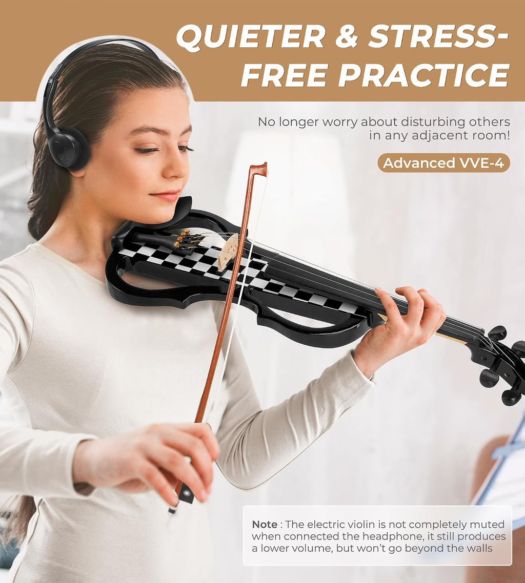 Vangoa LEFT HANDED Electric Violin 4/4 Full Size, Silent Electronic Violin Fiddle for Lefty with Solid Maple Wood Metallic, Ebony Fittings for Beginners Adults Teens Youth Students, Black