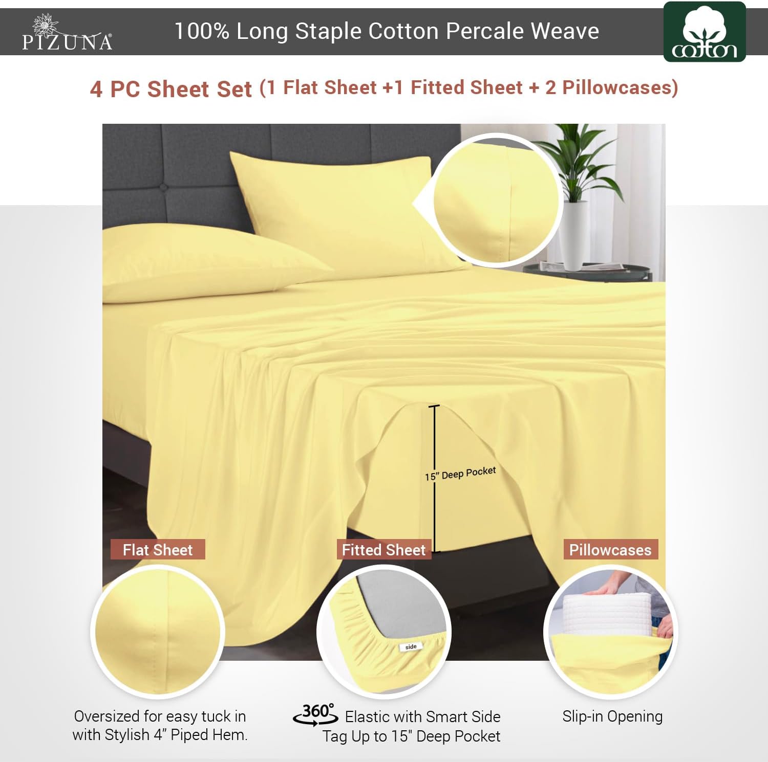 Pizuna Cotton Sheet Set California King Size, 100% Long Staple Cotton Percale with 15inch Deep Pocket (Combed Mellow Yellow Cotton)