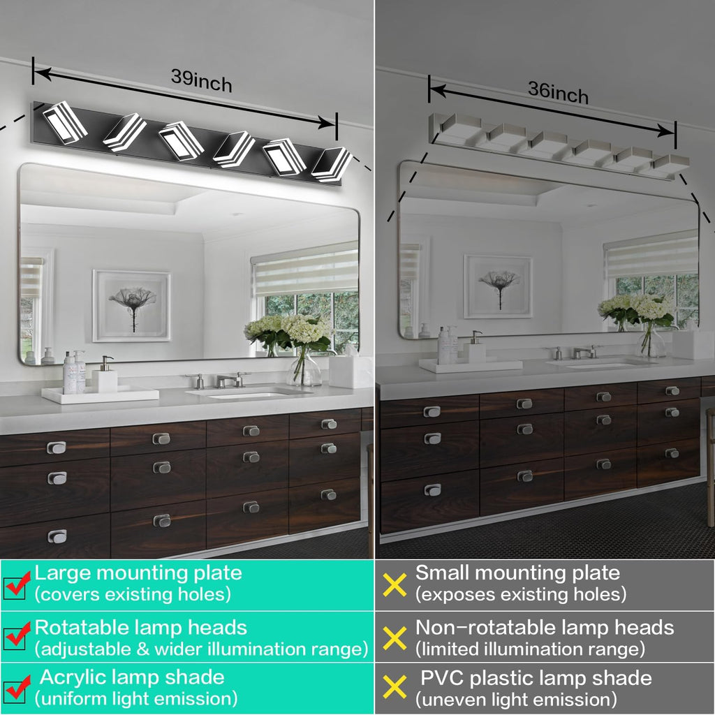 SOLFART Modern Black Vanity Lights Fixtures: 6 Lights Acrylic LED Matte Black Vanity Lights for Bathroom 39inch 5CCT