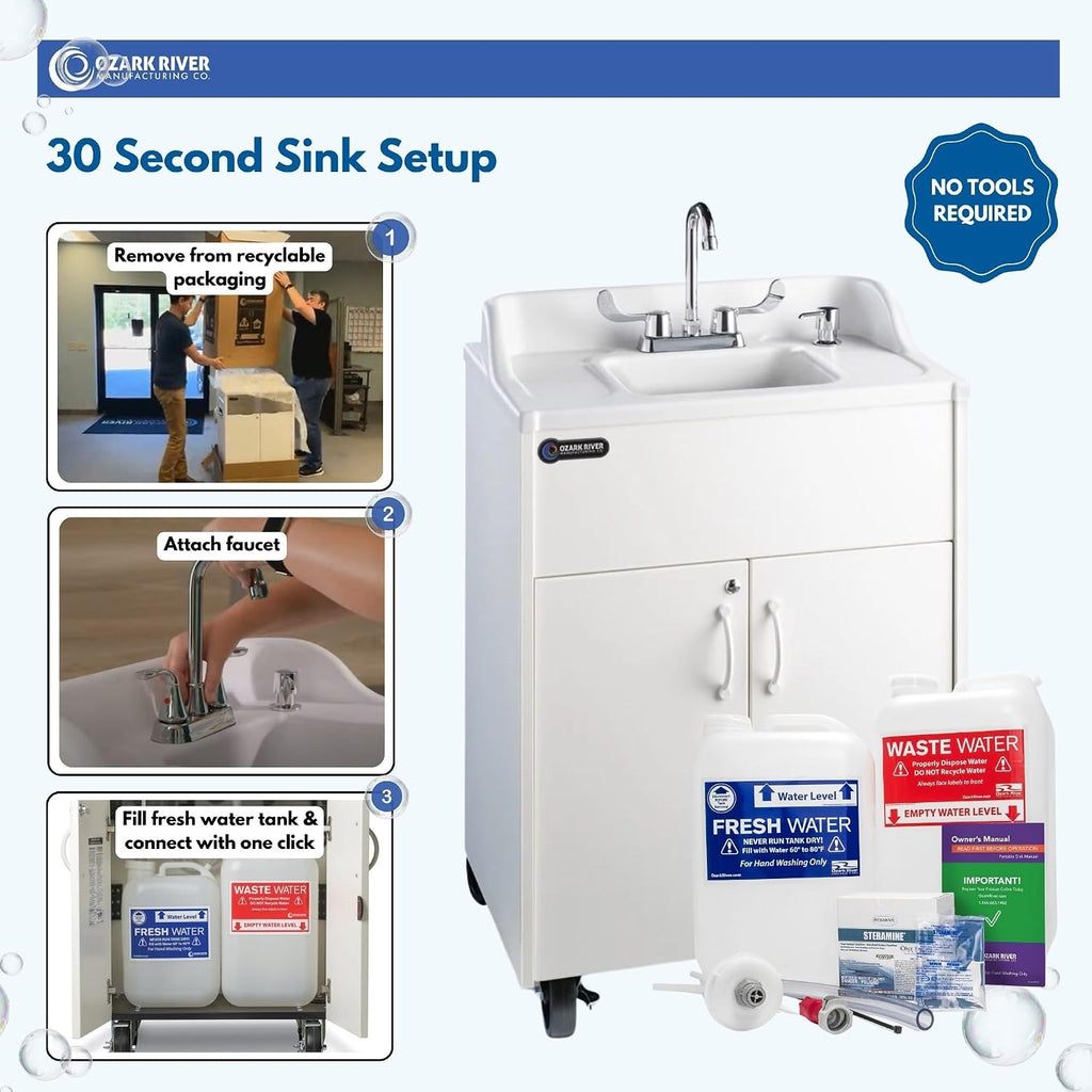 Ozark River Portable Sinks Premier White & Clean Start Kit Bundle, White Laminate-ABS, Portable Sink with Hot Water, Self-Contained Sink, Portable Hand Washing Station, 110V