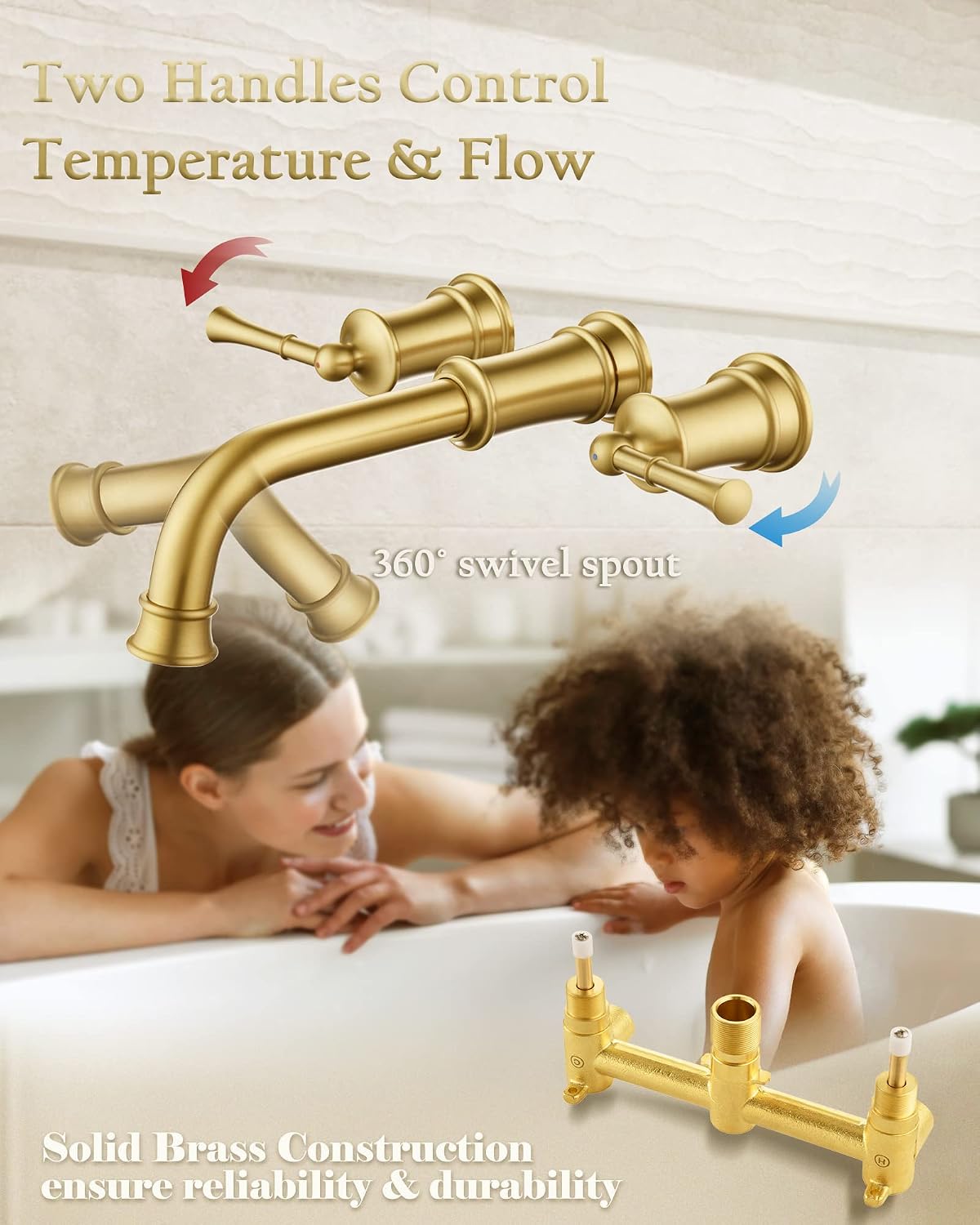 High Flow Wall Mount Tub Filler with Rough-in Valve, Wall Mount Tub Faucet, Brass Roman Bathtub Faucet 2 Handle with 360° Swivel Spout, Brushed Gold(B2306-BG)