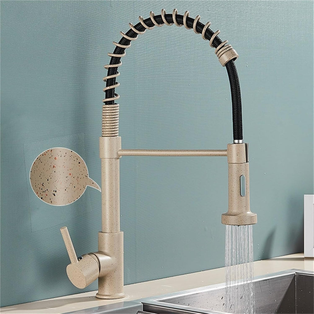 360° Rotating Single Handle Kitchen Faucet with Pull Down 2-Way Spray Hot and Cold Water Mixer Tap(Beige Dots)