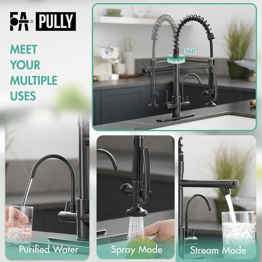 Fapully 3 in 1 Kitchen Faucet with Water Filler and Pull Down Sprayer, Oil Rubbed Bronze Commercial Kitchen Sink Faucet with Drinking Water Faucet for 1 or 3 Hole