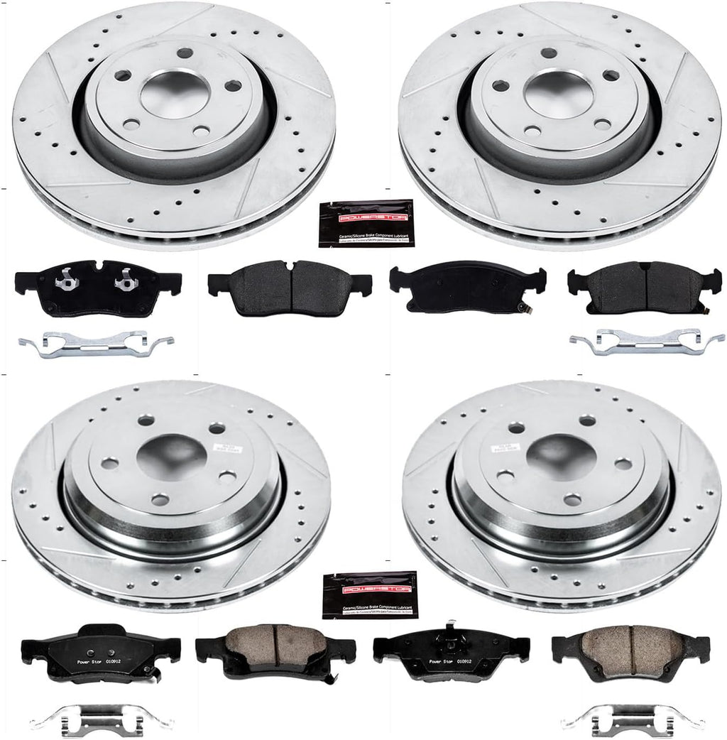 PowerStop Front and Rear Brake Kit for Jeep Grand Cherokee 2016-21 |Grand Cherokee WK 2022 - Drilled and Slotted Disc Rotors with Carbon-Fiber Ceramic Brake Pads Replacement, K7136