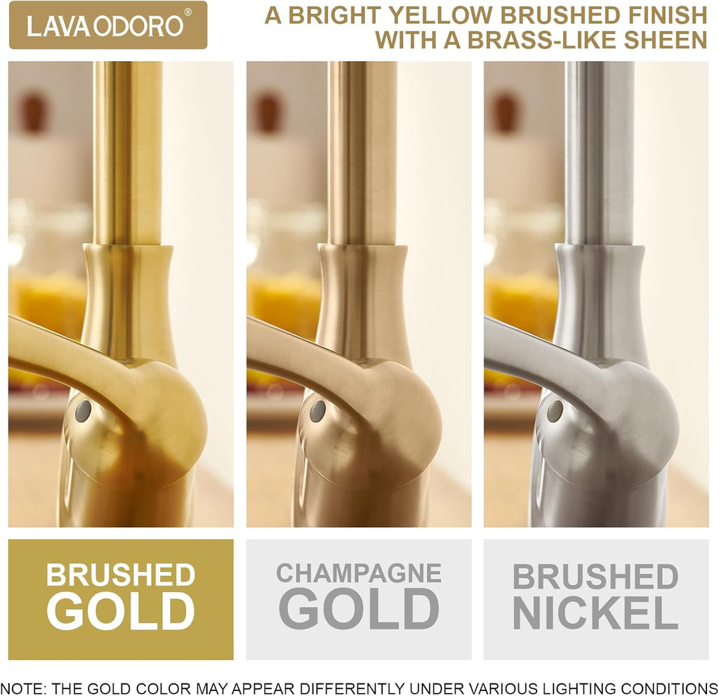 Lava Odoro Gold Kitchen Faucet with Pull Down Sprayer, Brushed Gold Kitchen Sink Faucet with Magnetic Docking Spray 3-Function, Solid Brass Faucet for Kitchen Sink 1 Hole and 3 Hole, KF271-SG