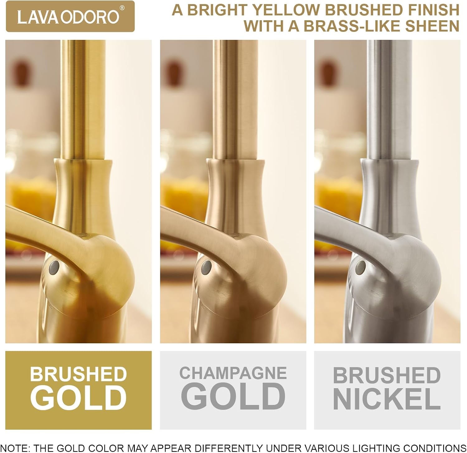 Lava Odoro Gold Kitchen Faucet with Pull Down Sprayer, Brushed Gold Kitchen Sink Faucet with Magnetic Docking Spray 3-Function, Solid Brass Faucet for Kitchen Sink 1 Hole and 3 Hole, KF271-SG
