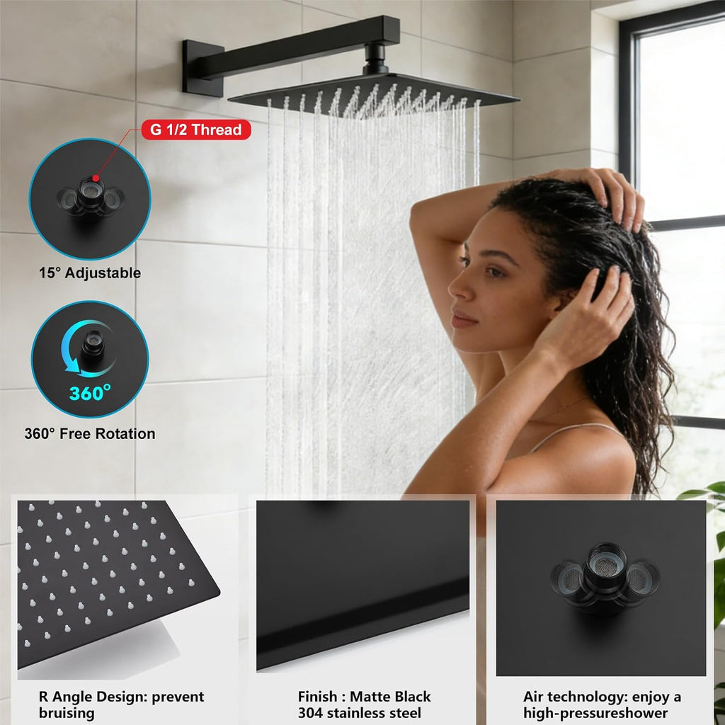Midanya Rain Shower System Tub Shower Faucet Set Square Rainfall Waterfall Shower Head with Handheld Sprayer Tub Spout Combo Wall Mounted bathtub faucet set Rough-in Valve, 12 Inch Matte Black
