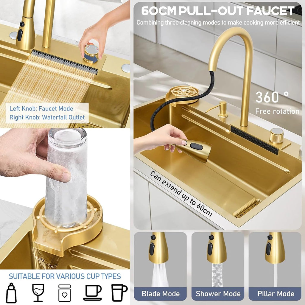 Gold Waterfall Sink - Handmade Multifunctional Kitchen Workstation Sink Ergonomic Single Bowl Dishwashing Sink 75X45X22Cm Elegant Household Design For Modern Kitchens,3434 One Color 75X45X22Cm