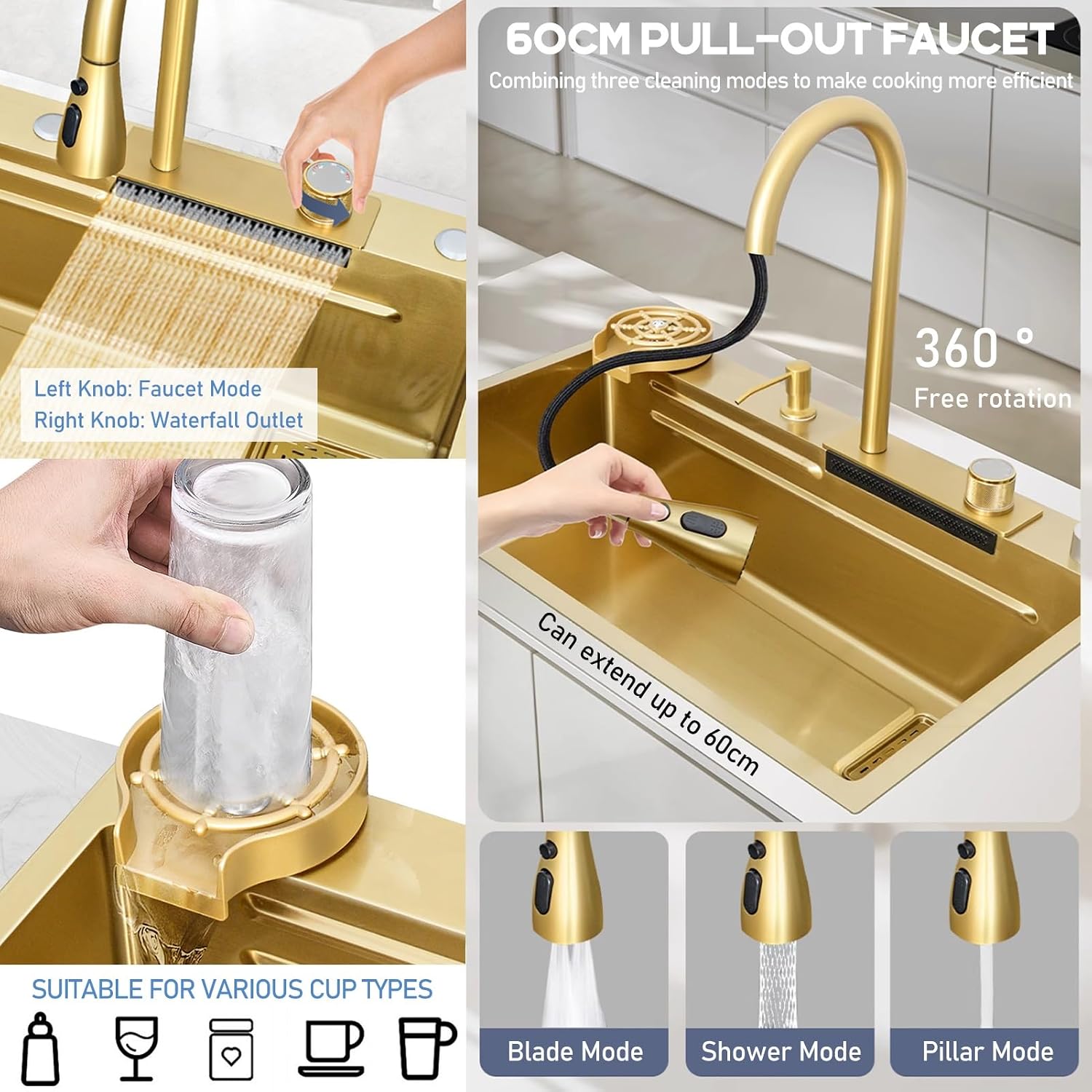 Gold Waterfall Sink - Handmade Multifunctional Kitchen Workstation Sink Ergonomic Single Bowl Dishwashing Sink 75X45X22Cm Elegant Household Design For Modern Kitchens,3434 One Color 75X45X22Cm