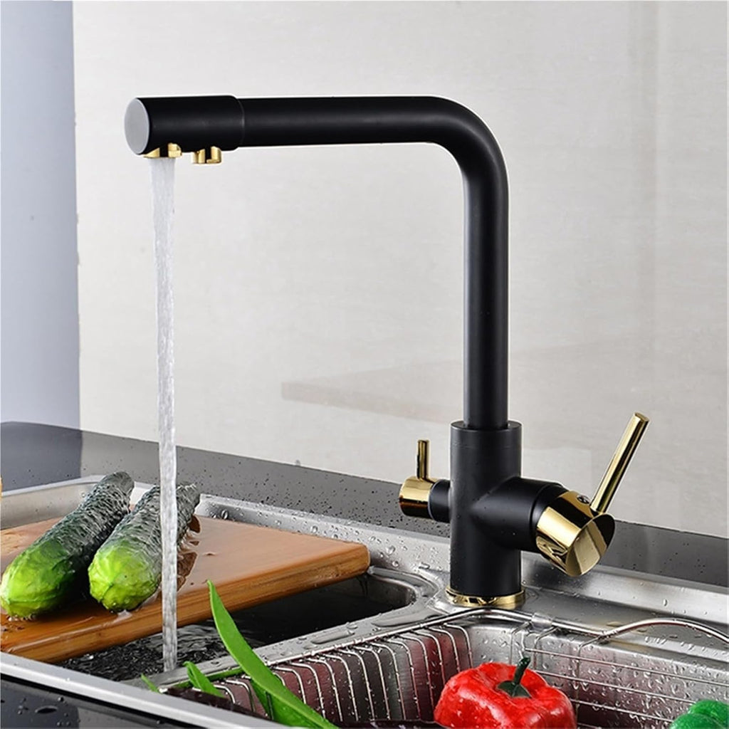 360° Rotating Deck-Mounted Filtered Pure Water Kitchen Faucet with Hot and Cold Water Mixer Tap(Black Golden)