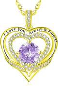 14K Gold Heart Necklaces for Women with Birthstone Pendant ，Double Hearts Necklace Jewelry Gift for Girlfriend Mom Anniversary Birthday Adjustable Chain 18' + 2' 'I Love You Always & Forever