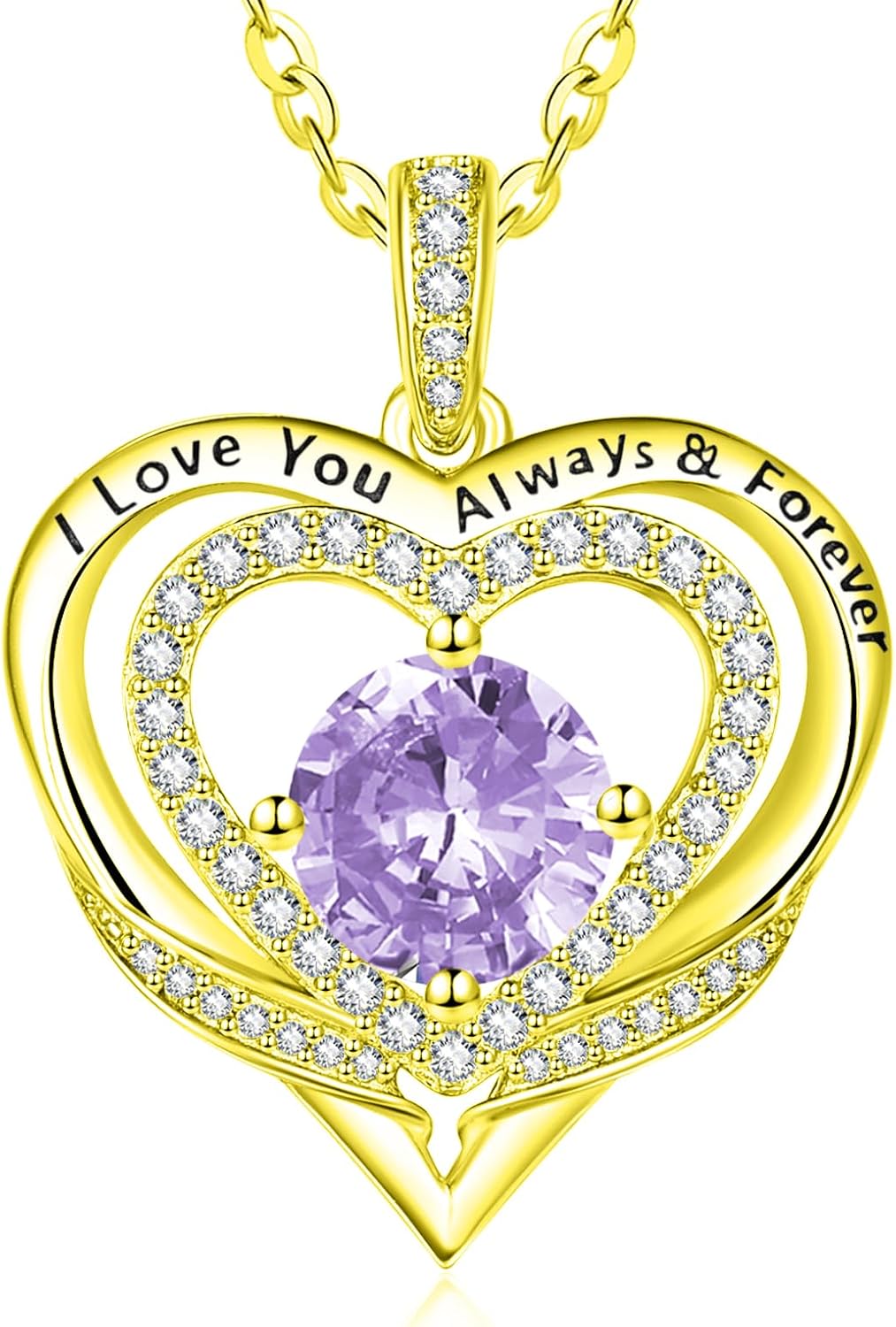 14K Gold Heart Necklaces for Women with Birthstone Pendant ，Double Hearts Necklace Jewelry Gift for Girlfriend Mom Anniversary Birthday Adjustable Chain 18' + 2' 'I Love You Always & Forever