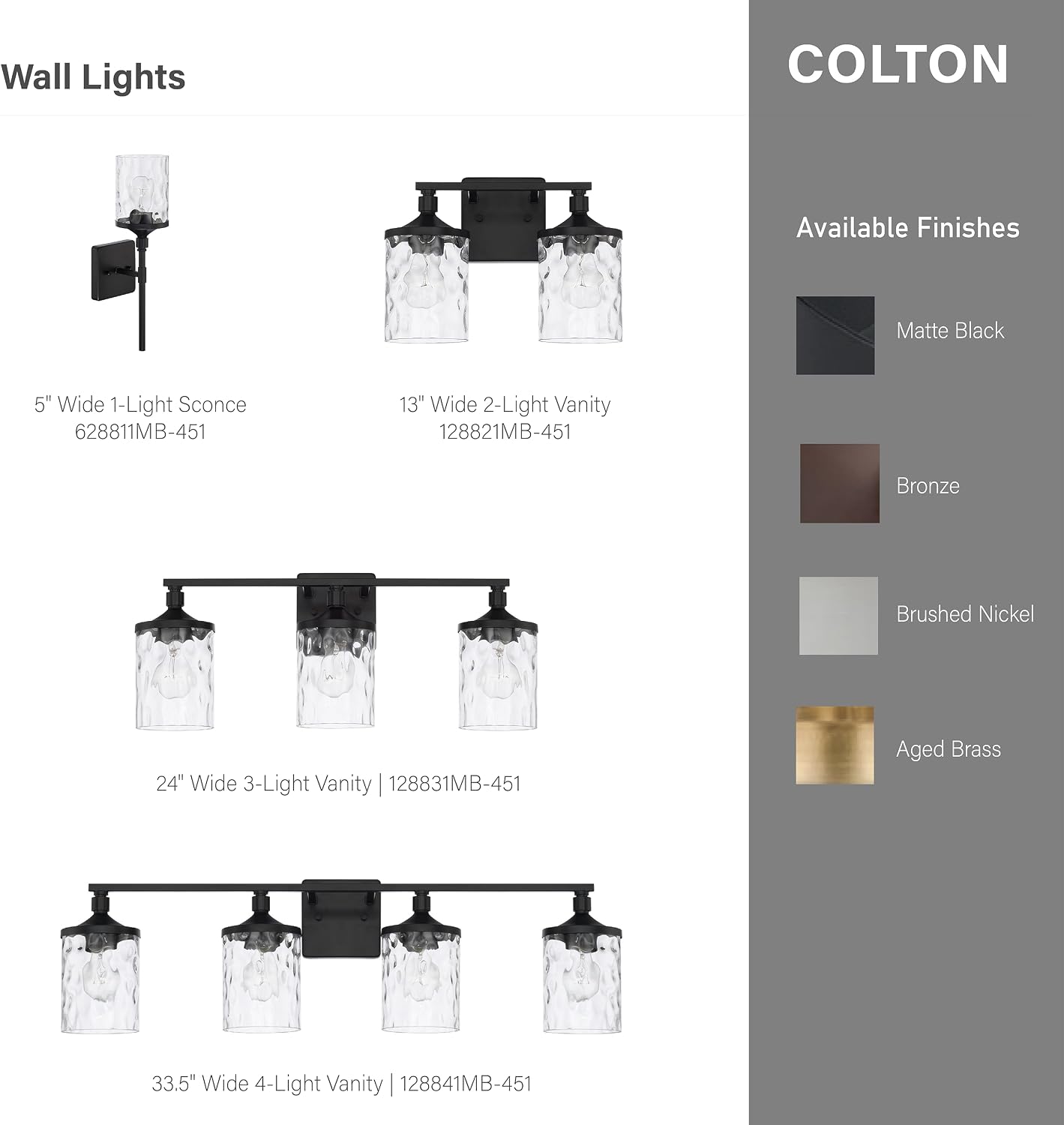 HomePlace Lighting 128841MB-451 Colton Mid-Century Clear Water Glass Bathroom Vanity Wall Light, 4-Light 400 Total Watts, 10' H x 34' W, Matte Black