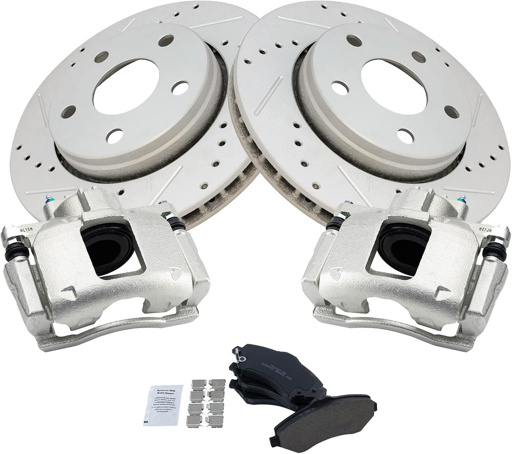 TRQ Performance Front Brake Pad and Rotor Set Ceramic Vented Coated Slotted Drilled Rotors Calipers Compatible with 2007-2012 Jeep Wrangler