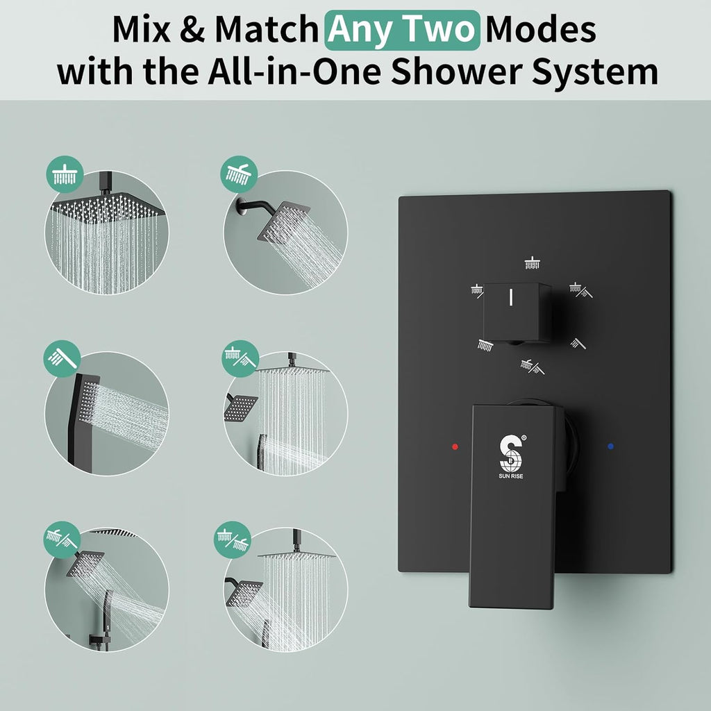 Shower Faucet Set Shower System - SR SUN RISE Matte Black Shower Trim Kit with Dual Shower Head, 10'' Ceiling Rainfall 6'' Wall Mount with Handheld Shower for Couples, Complete 6 Diverter Valve