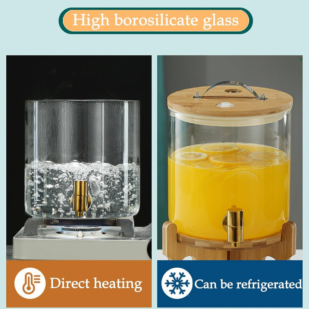 Drink Dispenser,Glass Drinking Dispenser with Lid,Juice Dispenser,Dispenser Jar,Lemonade Jar with Spigot,Suitable for Refrigerator,Suitable for Milk,Juice,Silve(Gold Faucet 5l)