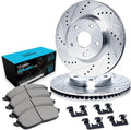 R1 Concepts Front Brake Kit Fits 2013-2018 Lexus ES300h; 2007-2018 Lexus ES350; 2008-2018 Toyota Avalon; 2007-2017 Toyota Camry| Ceramic Pads, Drilled Slotted Rotors| Hardware| 11.7' Front