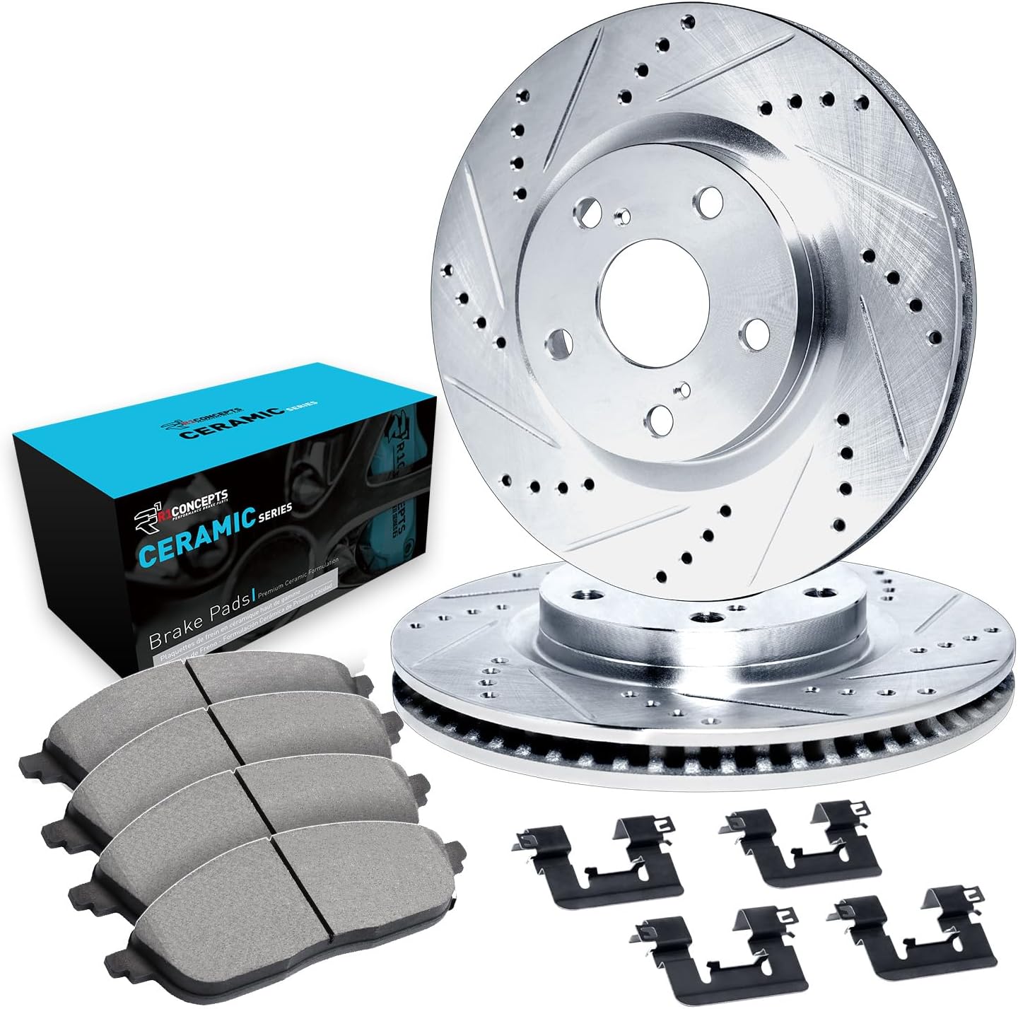 R1 Concepts Front Brake Kit Fits 2013-2018 Lexus ES300h; 2007-2018 Lexus ES350; 2008-2018 Toyota Avalon; 2007-2017 Toyota Camry| Ceramic Pads, Drilled Slotted Rotors| Hardware| 11.7' Front