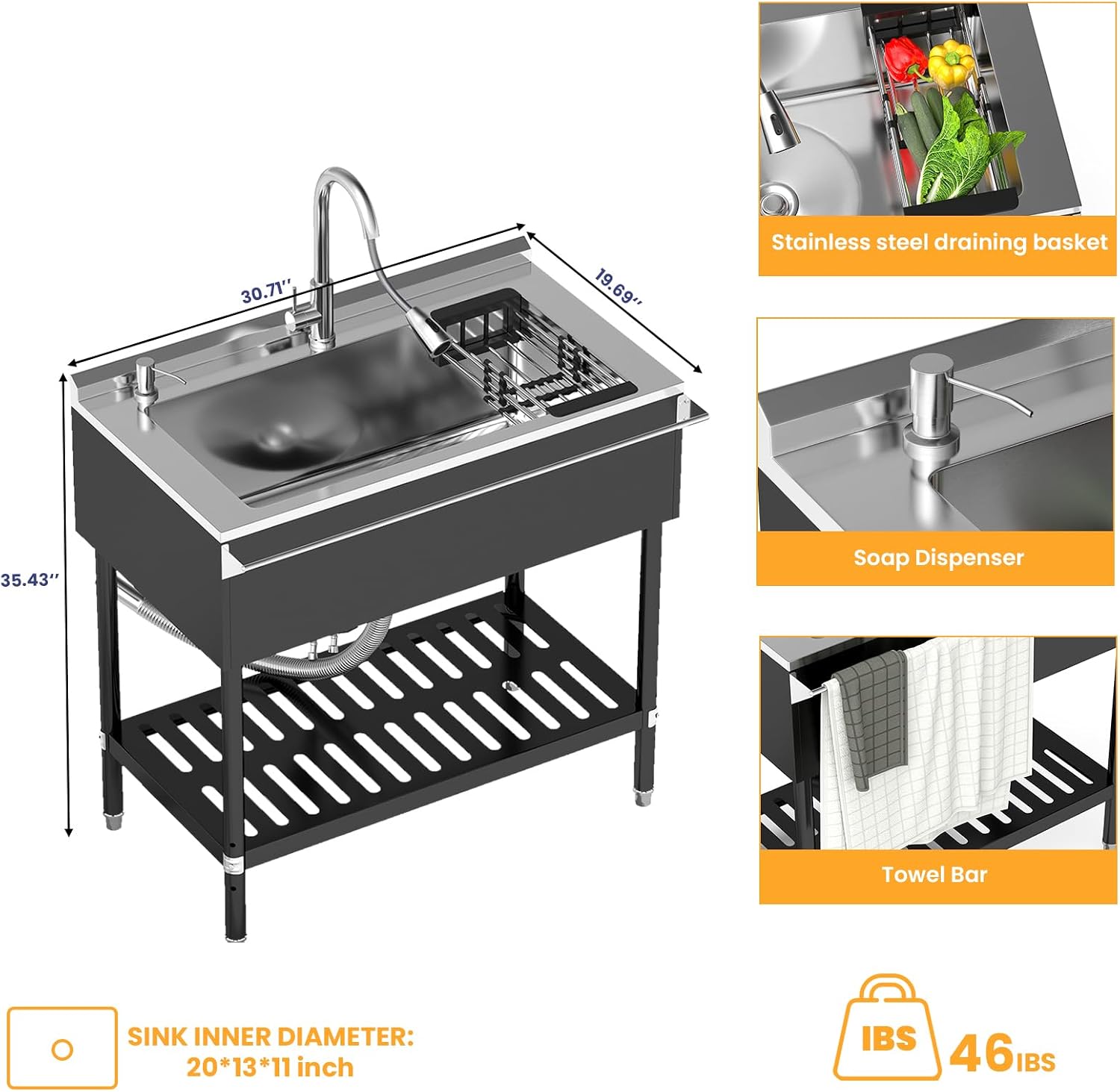 Stainless Steel Utility Sink, 30.8'' Free Standing Single Bowl Sink with Pull-Out Faucet & Cold and Hot Water Pipe & basket, Indoor and Outdoor Sink for Laundry Room, Garage, Kitchen, Black