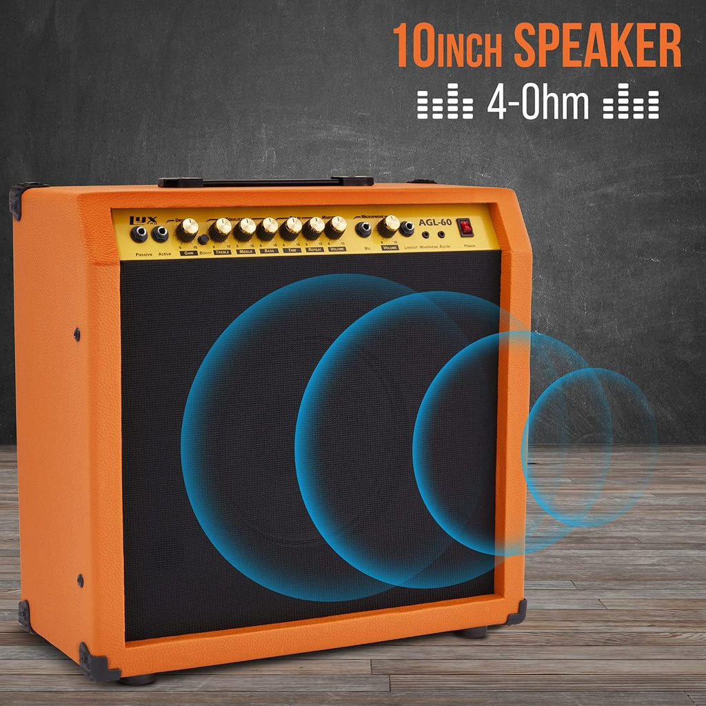 LyxPro 60 Watt Electric Guitar Amplifier, Combo Solid State Studio & Stage Amp with 10' 4-Ohm Speaker, Custom EQ Controls, Drive, Delay, ¼' Passive/Active/Mic Inputs, Aux In & Headphone Jack-Mahogany