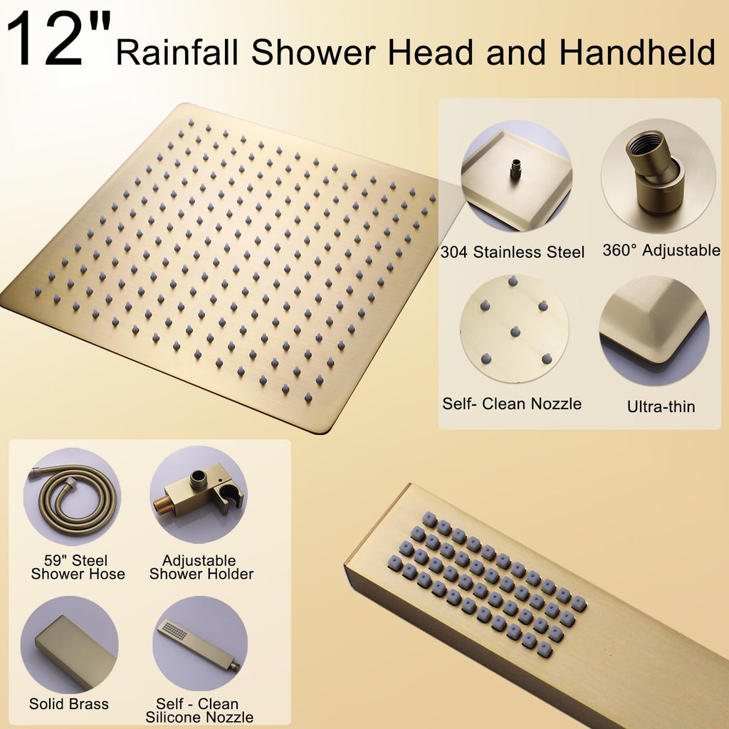 Dual Shower Heads Shower System with 12 Inch Ceiling Rainfall Shower Head and 8 Inch Side Shower Head Digital Display Shower Fixtures Luxury Shower Faucet Set,Brushed Gold