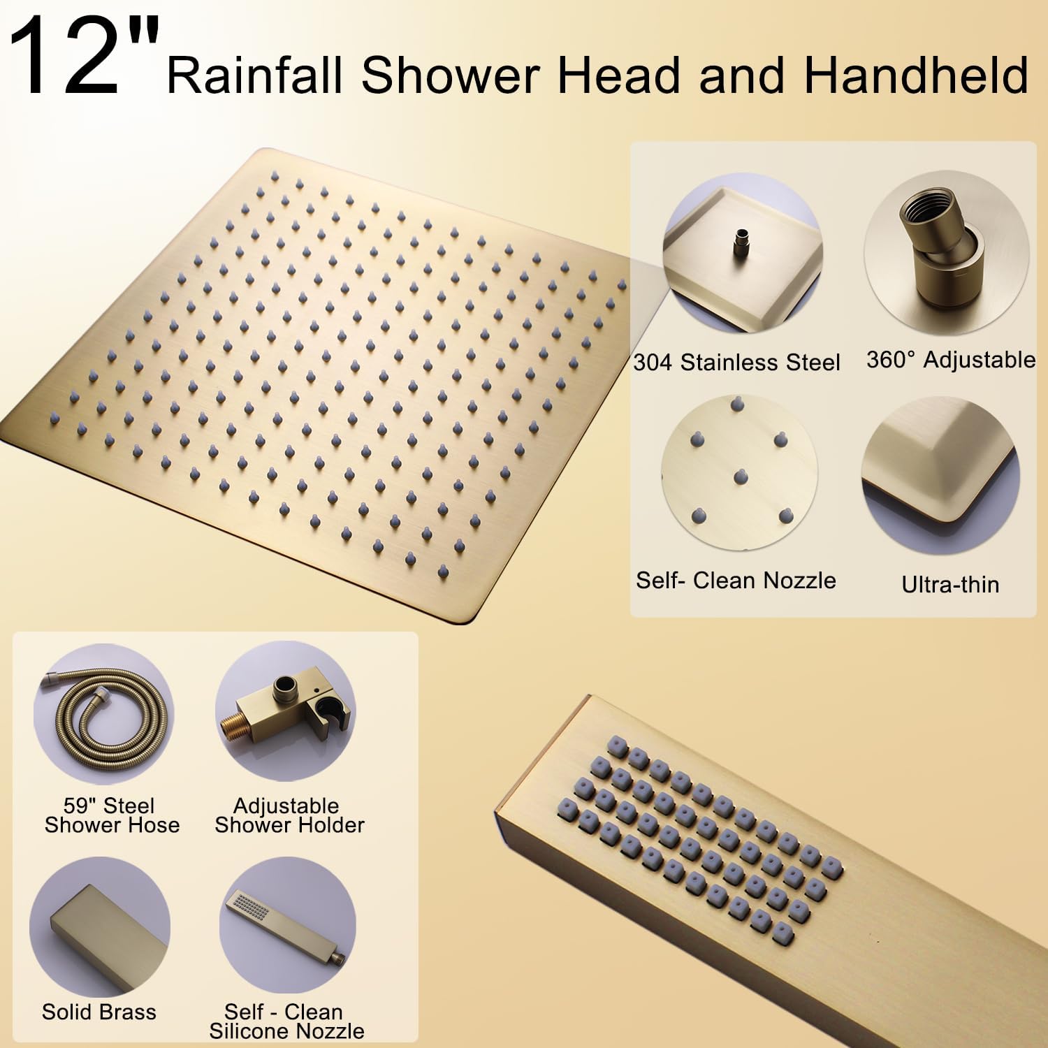 Dual Shower Heads Shower System with 12 Inch Ceiling Rainfall Shower Head and 8 Inch Side Shower Head Digital Display Shower Fixtures Luxury Shower Faucet Set,Brushed Gold
