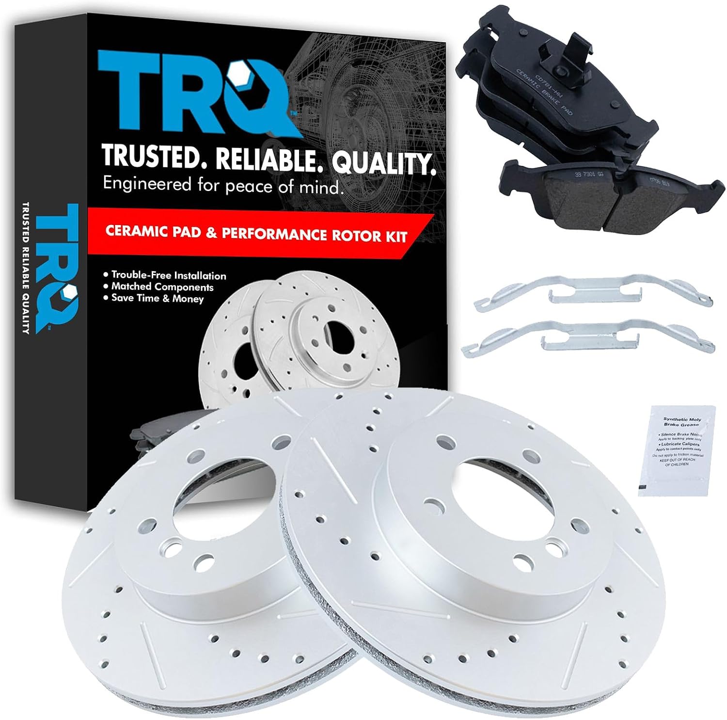 TRQ Performance Front Brake Pad and Rotor Set Ceramic Drilled Slotted Coated Vented Rotors Compatible with 99-00 328i 2000 323Ci 323i 328Ci 01-06 325Ci 01-05 325i 325xi 01-02 Z3 03-05 Z4