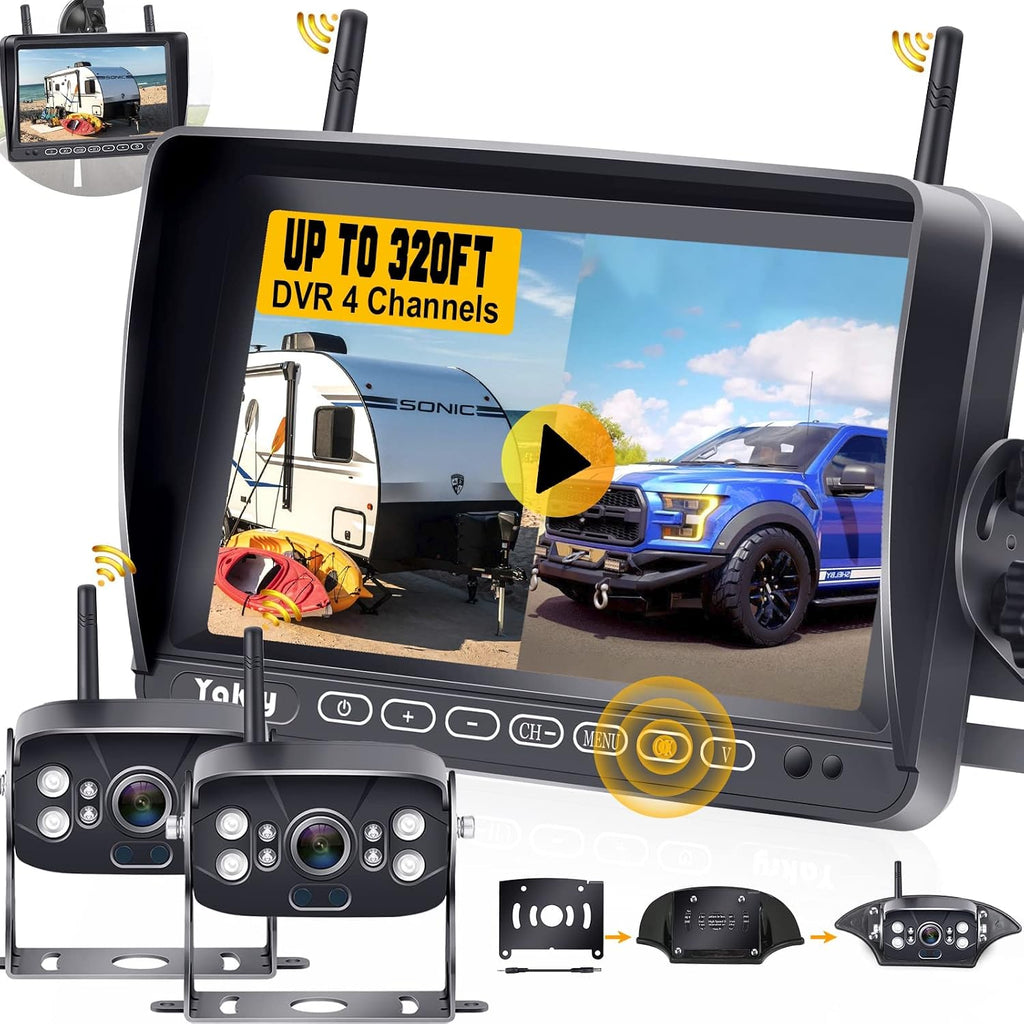 RV Backup Camera Wireless Recording 2 Cameras - Plug and Play Pre-Wired for Furrion System Night Vision 4 Channels HD 1080P 7'' Touch Key Monitor Rear View Camera for Trailer/Trucks/Camper Yakry Y28
