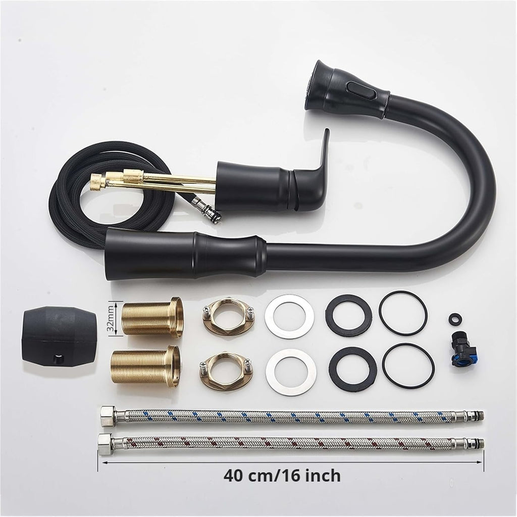 Brass Kitchen Faucet Pull Out Flexible Sink Mixer Taps Hot & Cold Water Mixer Cranes Water Saving Bathroom Faucets(Black B)