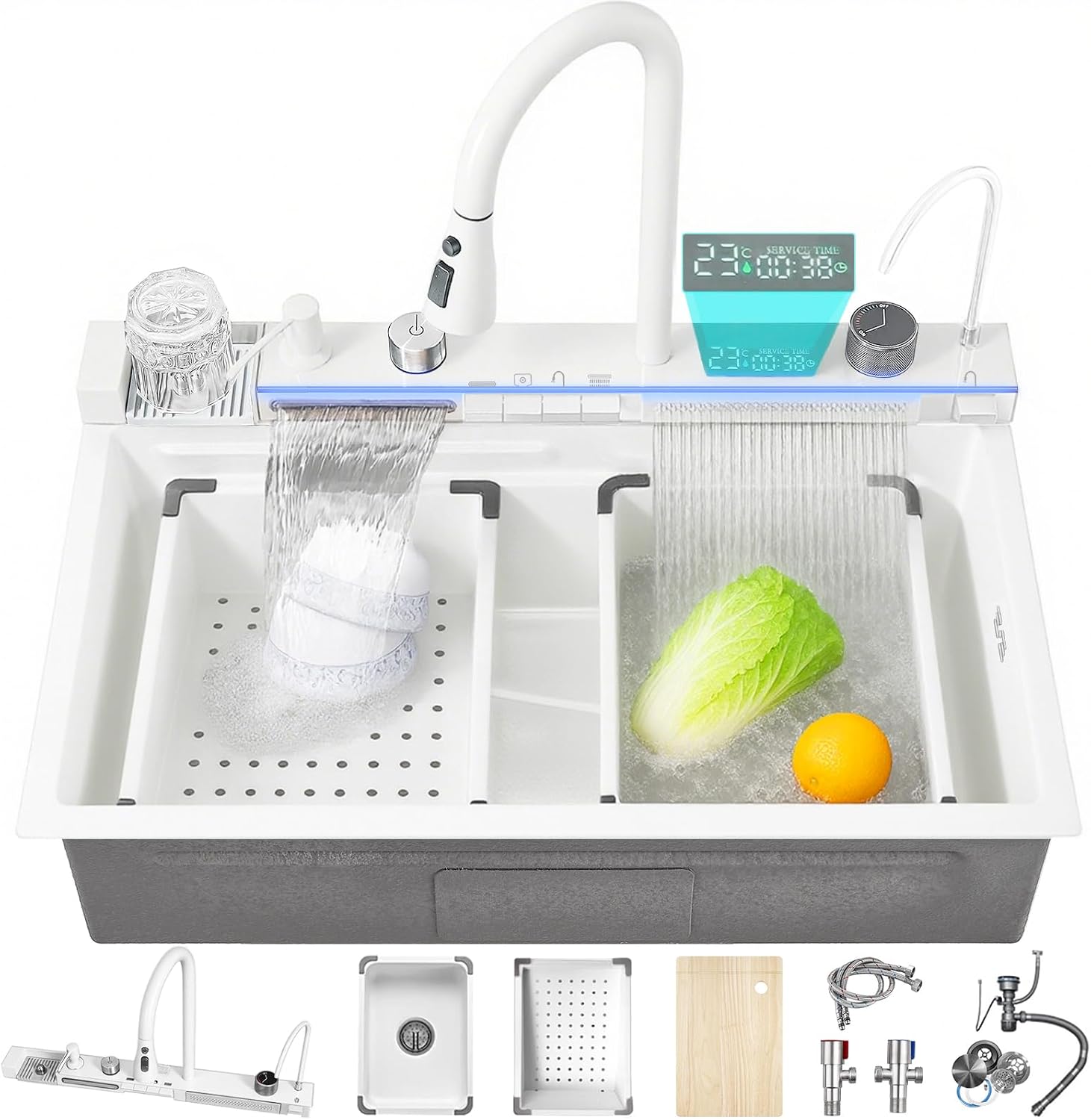 26.8 inch White Smart Digital Display Waterfall Sink, 304 Stainless Steel Modern Kitchen Sink with 5 Water Outlet Modes, Waterfall Pull-Out Faucet, Cup Washers and Accessory Set