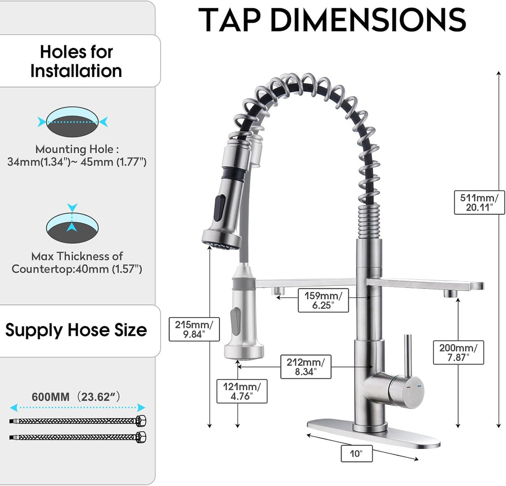 CREA 3-Way Kitchen Faucet, Brushed Chrome, Pull-Out, 20-Inch Flexible Hose, Single Lever Control, 5-Layer Stainless Steel Body, Advanced Ceramic Valve Core, 3/4-Inch Spout