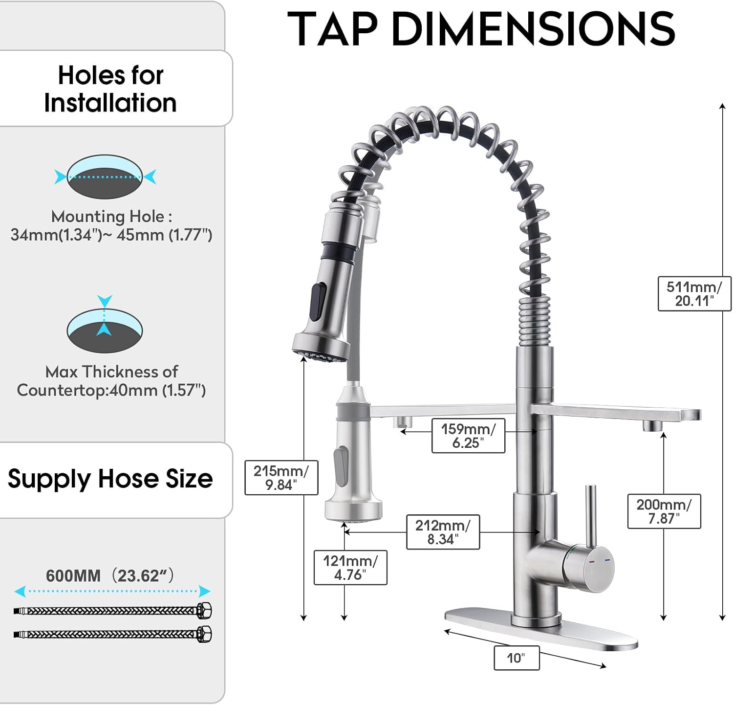 CREA 3-Way Kitchen Faucet, Brushed Chrome, Pull-Out, 20-Inch Flexible Hose, Single Lever Control, 5-Layer Stainless Steel Body, Advanced Ceramic Valve Core, 3/4-Inch Spout