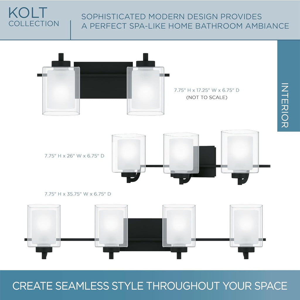 Quoizel Kolt Modern Vanity Lights, 2-Light, 18 Inch Matte Black Bathroom Lighting Fixtures Over Mirror, Sandblasted Inner Glass, 100 W A19 Bulb, Wall Mount Light for Bathrooms, Kitchen or Hallway