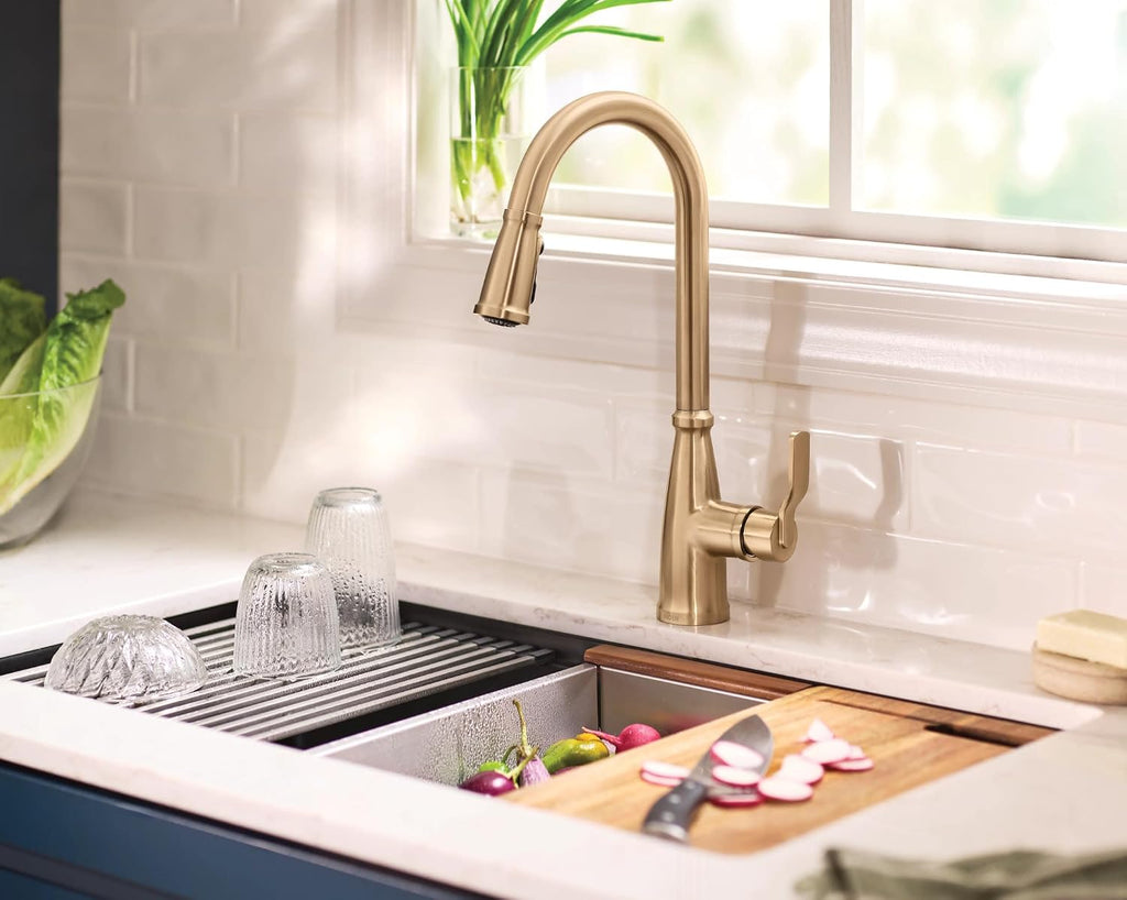 Moen 87071BZG Nolia One-Handle Pull-Down Kitchen Faucet with Power Boost, Soap Dispenser Included, High Arc, 1 or 3 Hole Installation, Brushed Gold