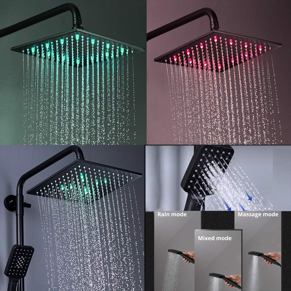 10 Inch Black Shower System with Cold and Hot Water Wall Mounted Faucet Set Multifunction Combo with Bathtub Spout, LED Head, Handheld, Bidet Sprayer