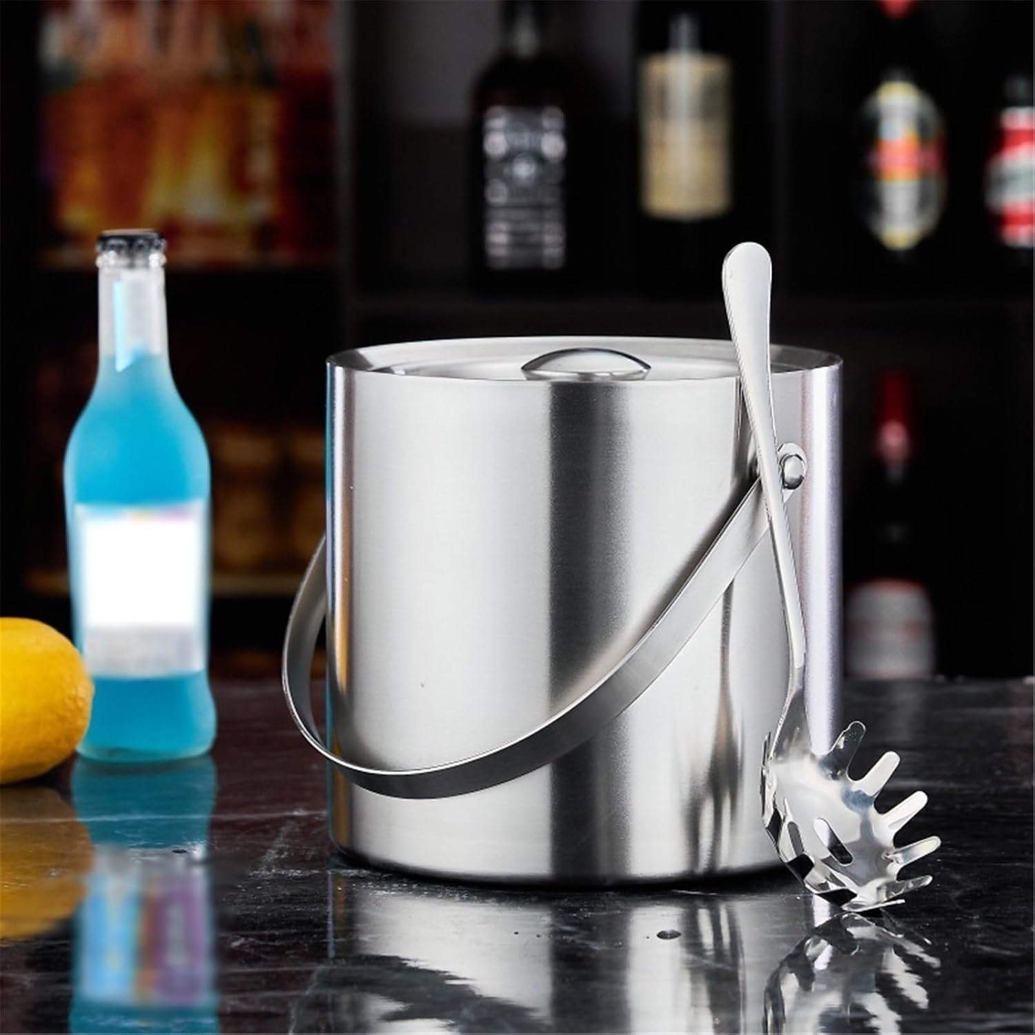 Party Black Stainless Steel Double Layer Ice Bucket with Lid for Cocktail Bars, Freezers, and Wine Cooler Tub(XL)
