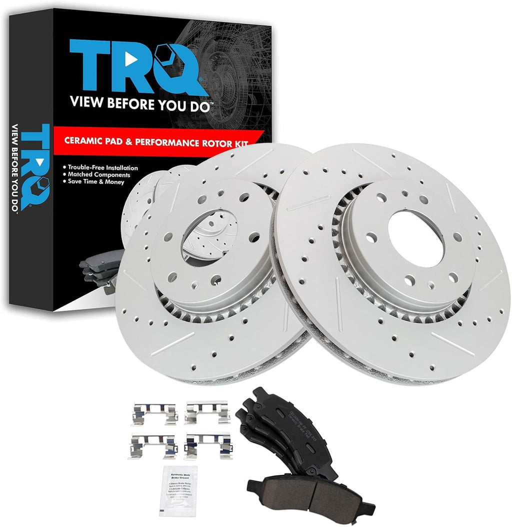 TRQ Performance Front Brake Pad & Rotor Set Ceramic G Coated Drilled Slotted Rotors Compatible with 06-07 Buick Rainier 2006 Chevrolet SSR 06-08 Chevrolet Trailblazer EXT 06-09 GMC Envoy XL Saab 9-7x