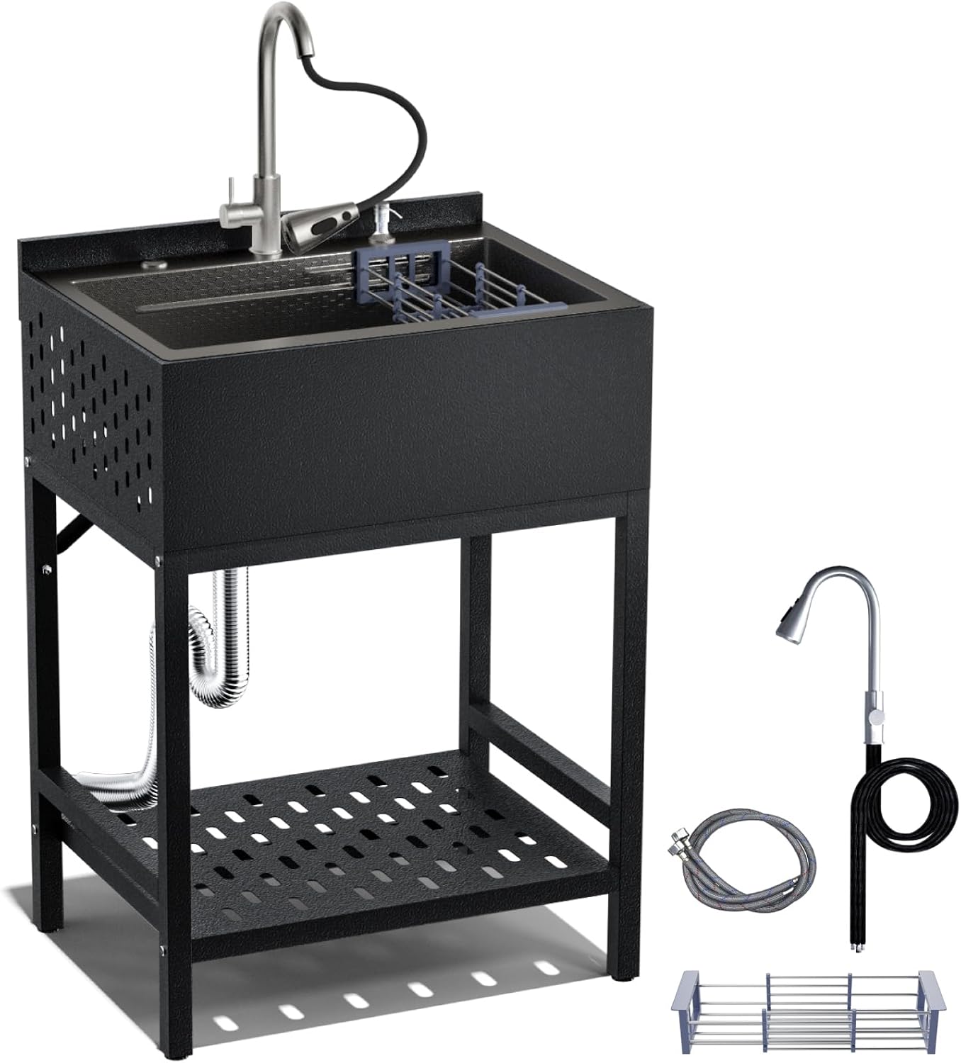 24' Stainless Steel Utility Sink,Freestanding Laundry Room Sink,Commercial Kitchen Sinks with Hot & Cold Water for Garage,Kitchens Outdoor (24x18x36 Black)