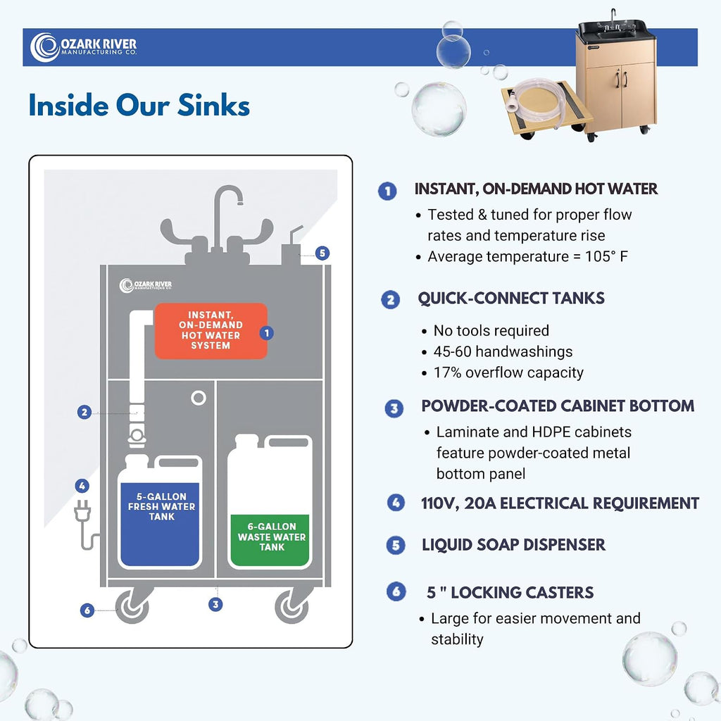 Ozark River Portable Sinks Premier Maple & Fill-n-Roll Dolly Kit Bundle, Maple Laminate-ABS, Portable Sink with Hot Water, Self-Contained Sink, Portable Hand Washing Station, 110V